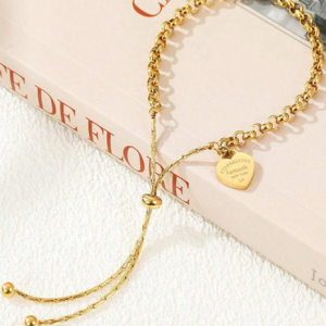 18K Gold Plated Stainless Steel Adjustable Chain Bracelet With Asymmetrical Chain Design And Heart Pendant