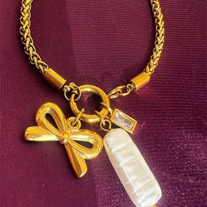 Faux Pearl Bow & stone Stainless Steel bracelet